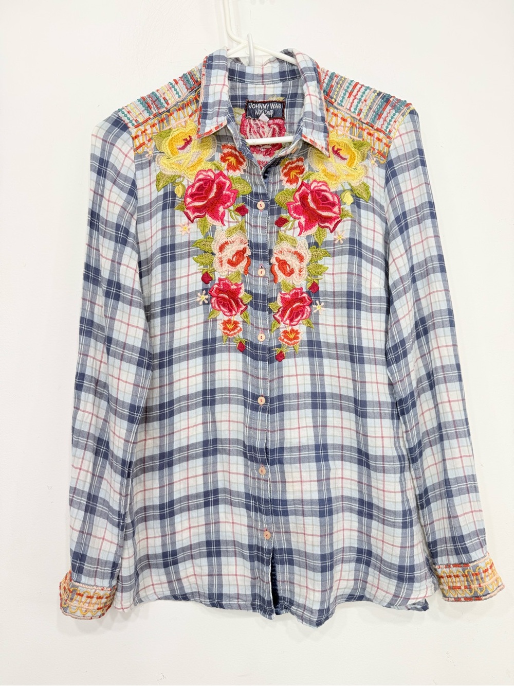 Johnny Was Blue Plaid Colorful Floral Embroidered Cinch Back Button Up Shirt